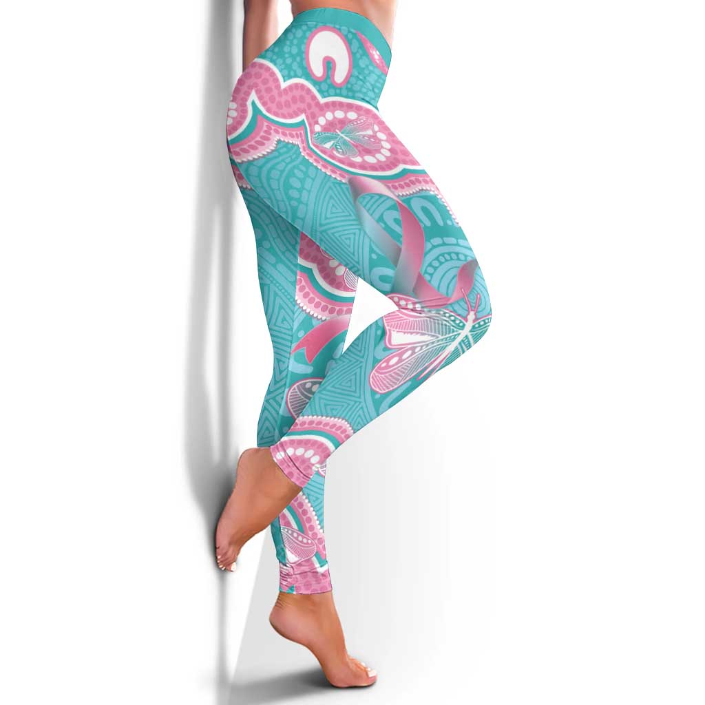 Hereditary And Gynecologic Cancer Support Leggings Teal Pink Ribbon Aboriginal Art
