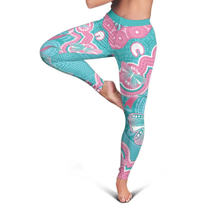 Hereditary And Gynecologic Cancer Support Leggings Teal Pink Ribbon Aboriginal Art