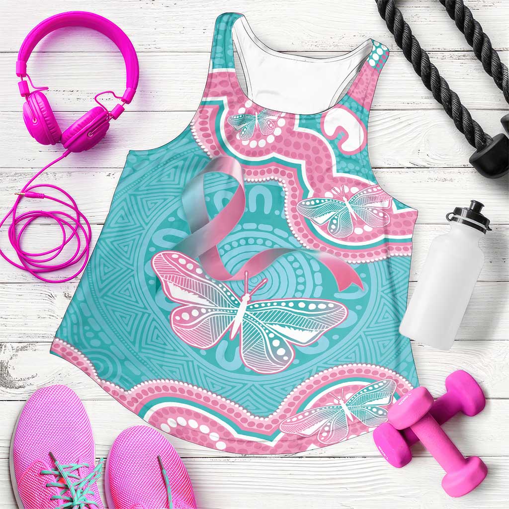 Hereditary And Gynecologic Cancer Support Women Racerback Tank Teal Pink Ribbon Aboriginal Art