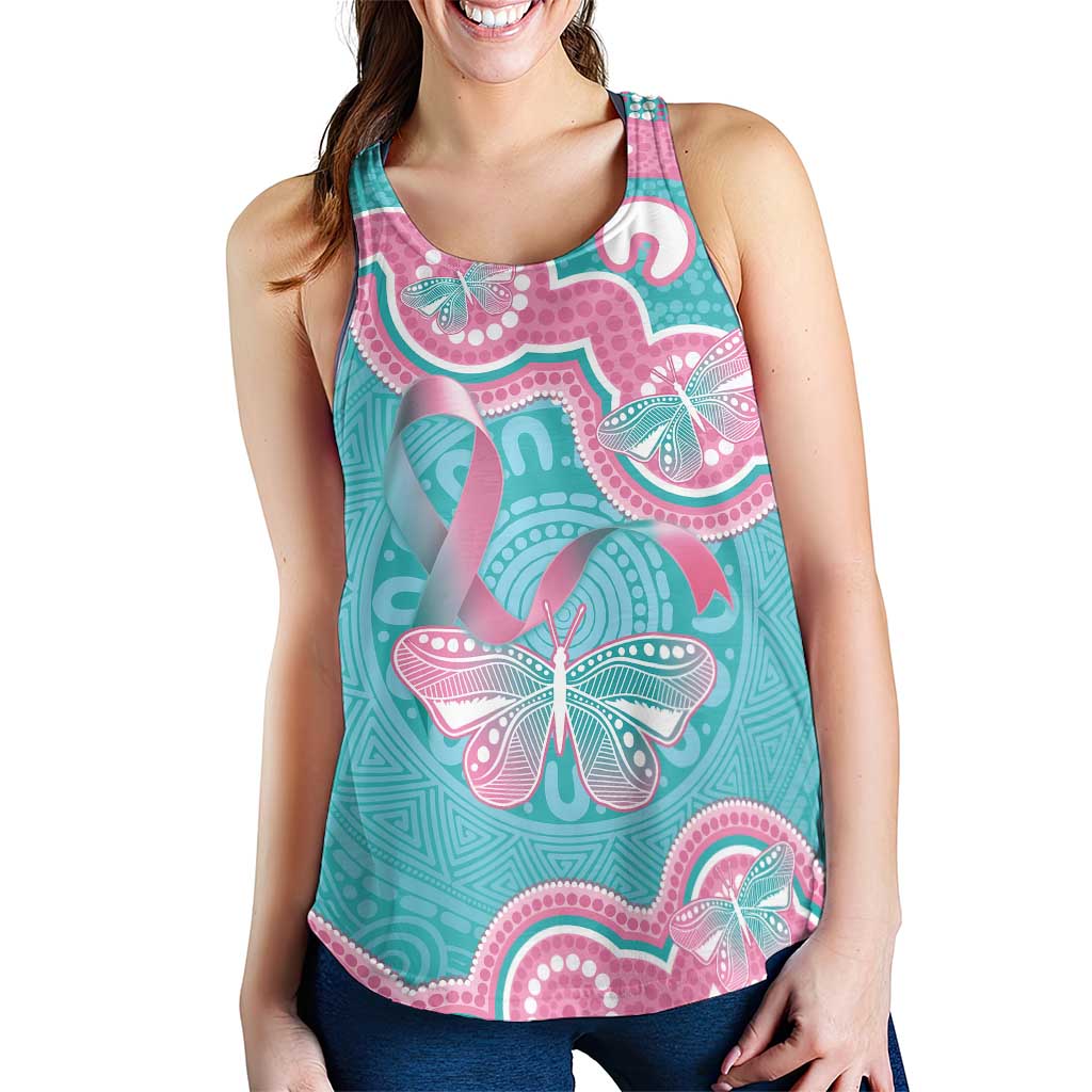 Hereditary And Gynecologic Cancer Support Women Racerback Tank Teal Pink Ribbon Aboriginal Art