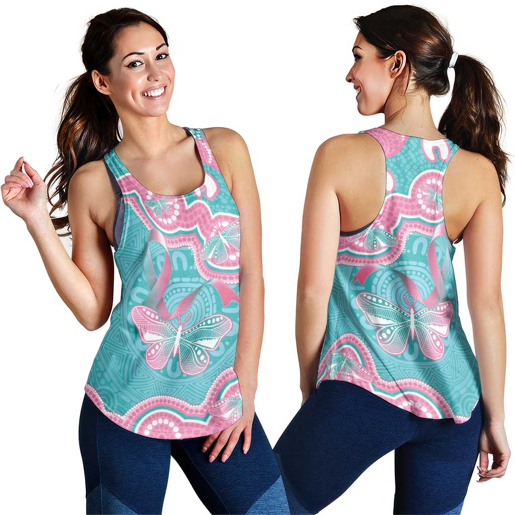 Hereditary And Gynecologic Cancer Support Women Racerback Tank Teal Pink Ribbon Aboriginal Art