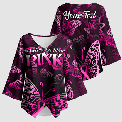 Personalised In October We Wear Pink Kimono Sleeve Blouse Breast Cancer Support
