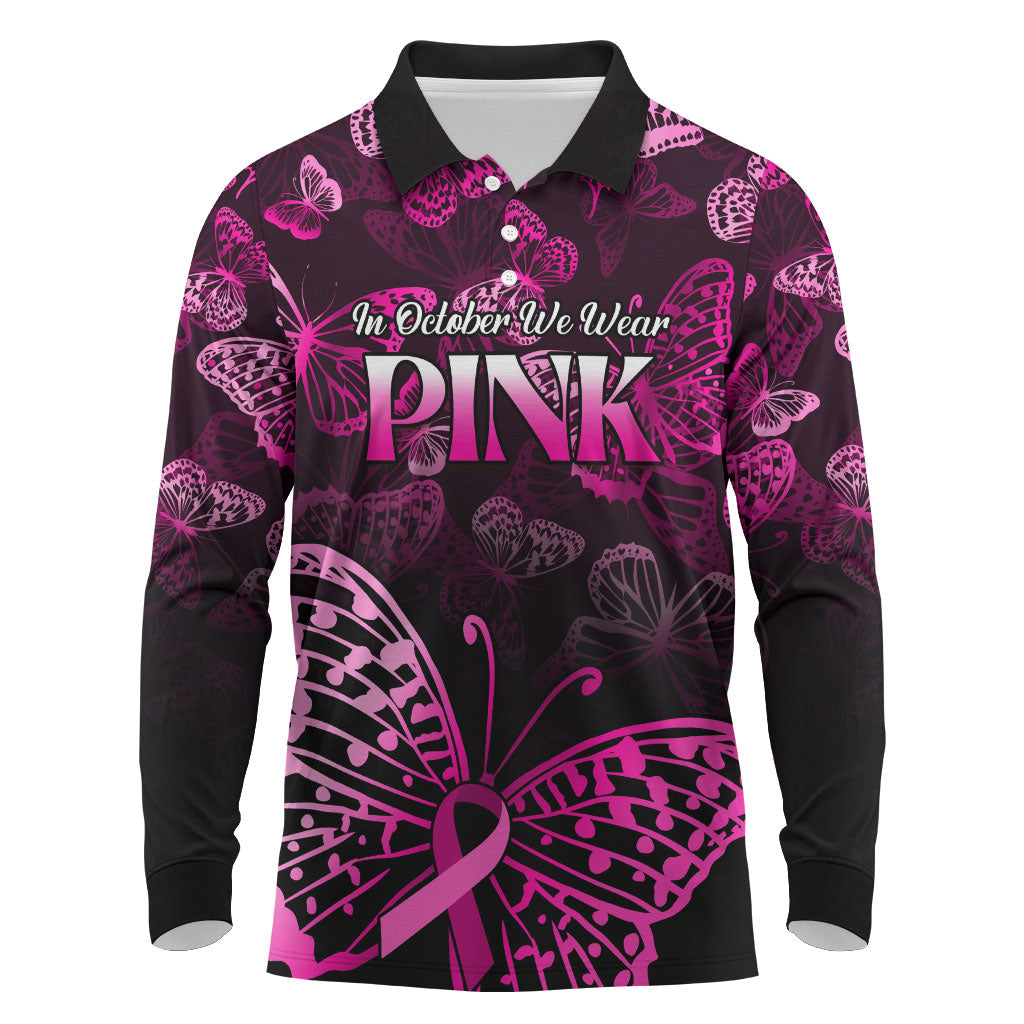 Personalised In October We Wear Pink Long Sleeve Polo Shirt Breast Cancer Support