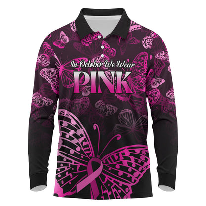 Personalised In October We Wear Pink Long Sleeve Polo Shirt Breast Cancer Support