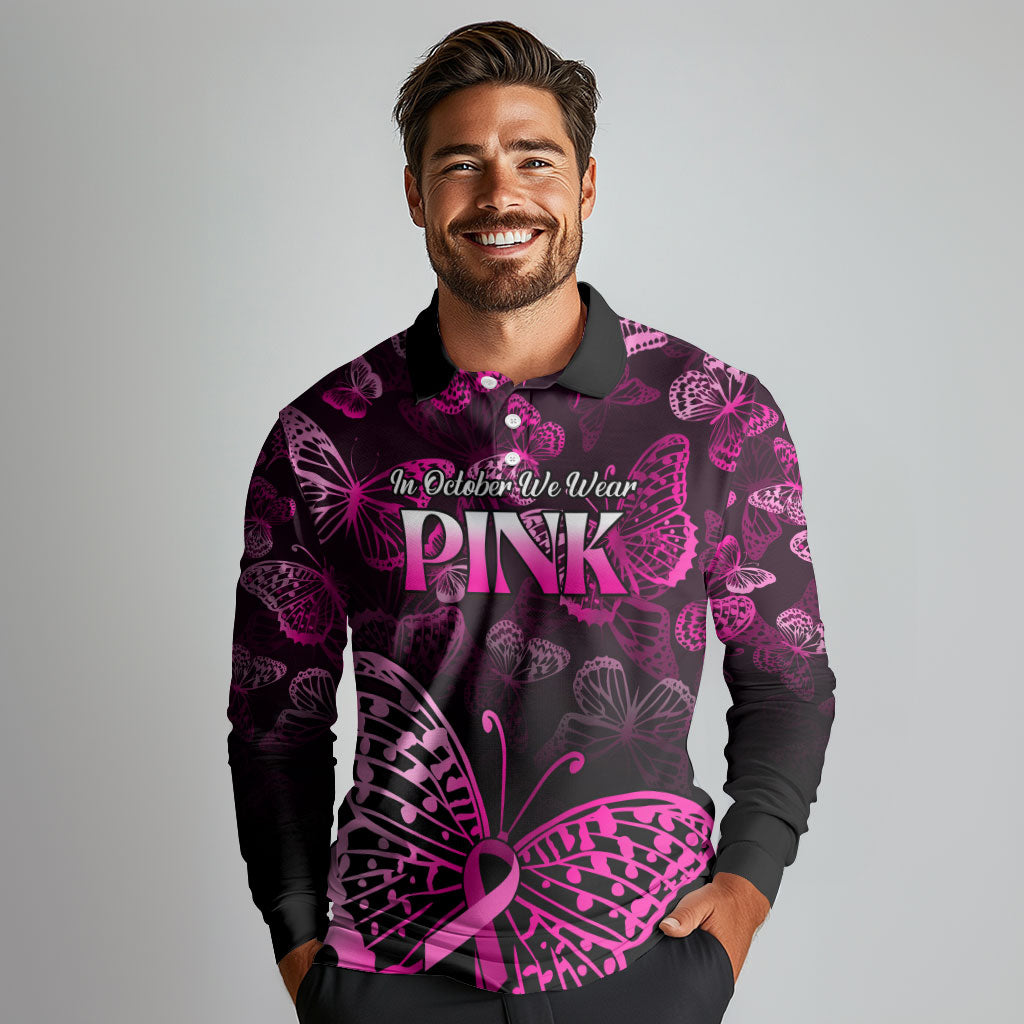 Personalised In October We Wear Pink Long Sleeve Polo Shirt Breast Cancer Support
