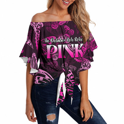 Personalised In October We Wear Pink Off Shoulder Wrap Waist Top Breast Cancer Support