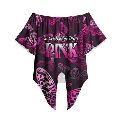 Personalised In October We Wear Pink Off Shoulder Wrap Waist Top Breast Cancer Support