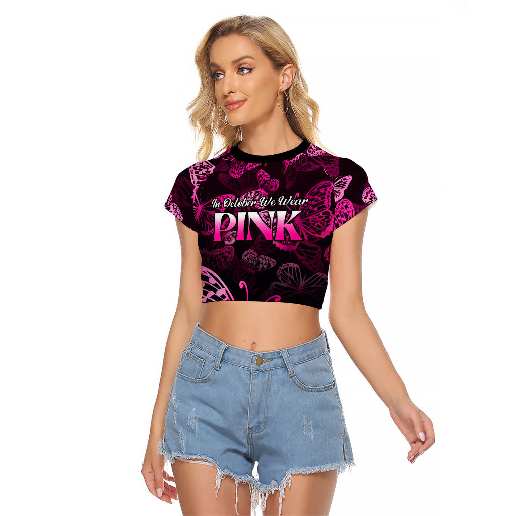 Personalised In October We Wear Pink Raglan Cropped T Shirt Breast Cancer Support