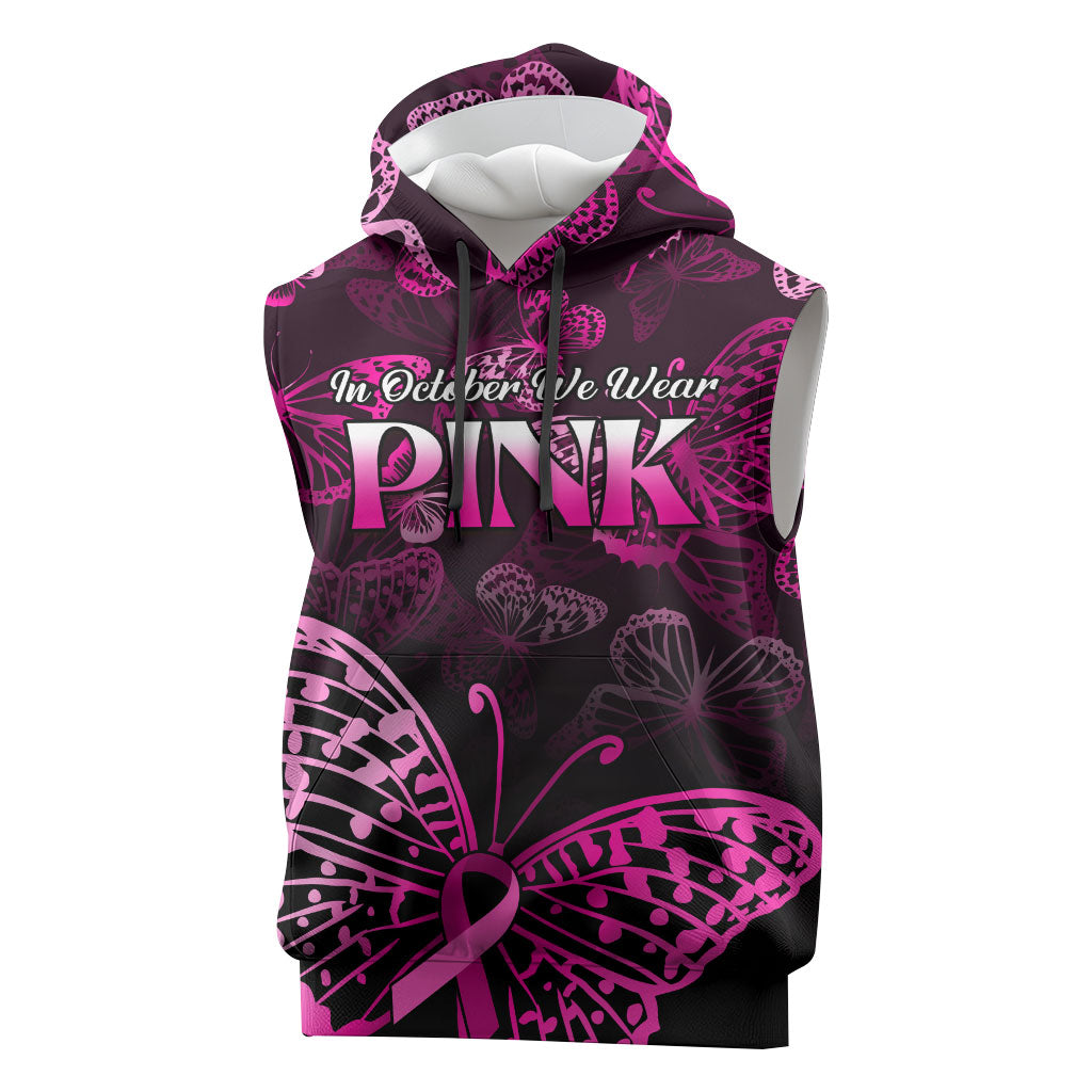 Personalised In October We Wear Pink Sleeveless Hoodie Breast Cancer Support