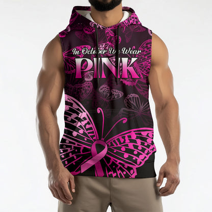 Personalised In October We Wear Pink Sleeveless Hoodie Breast Cancer Support