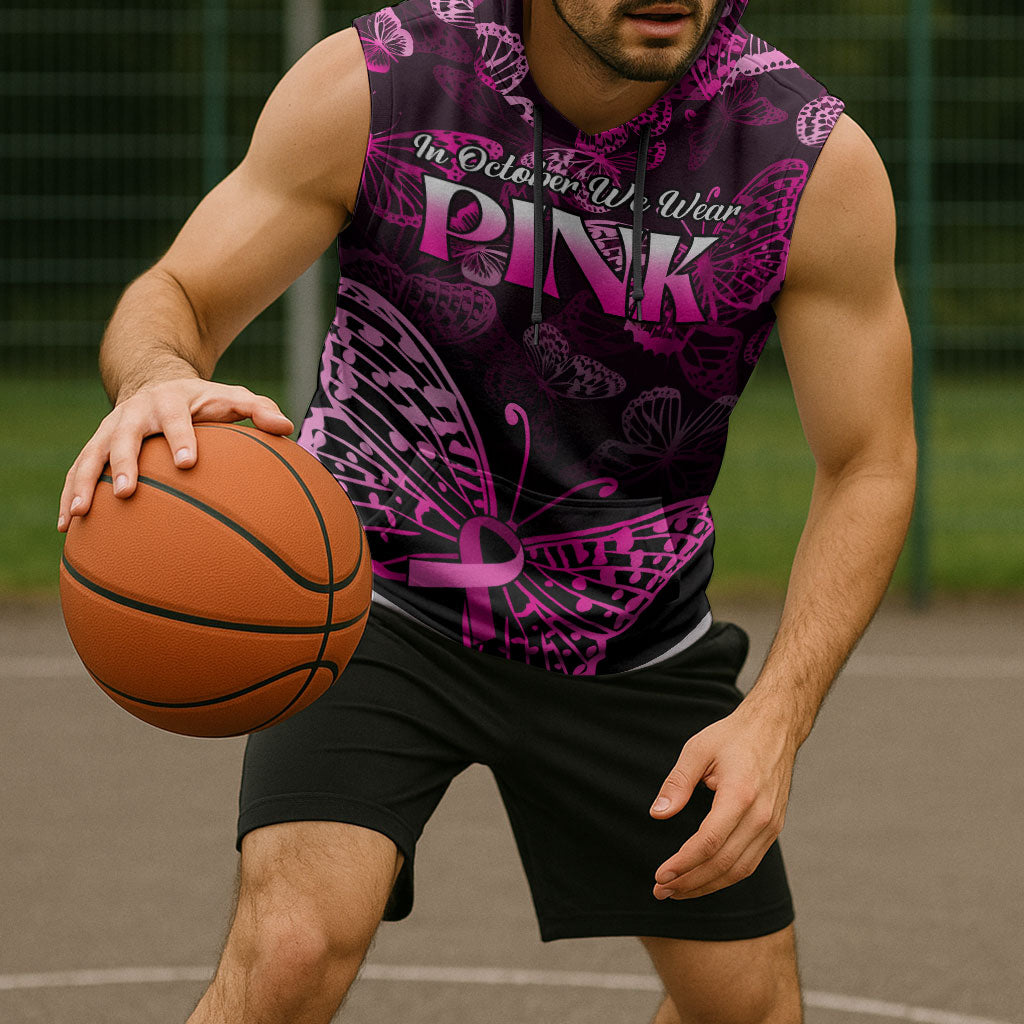 Personalised In October We Wear Pink Sleeveless Hoodie Breast Cancer Support