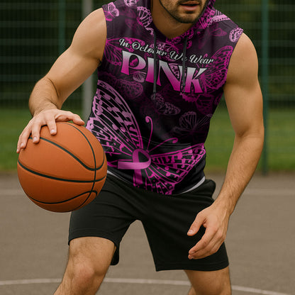 Personalised In October We Wear Pink Sleeveless Hoodie Breast Cancer Support