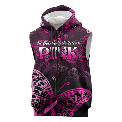 Personalised In October We Wear Pink Sleeveless Zip Hoodie Breast Cancer Support