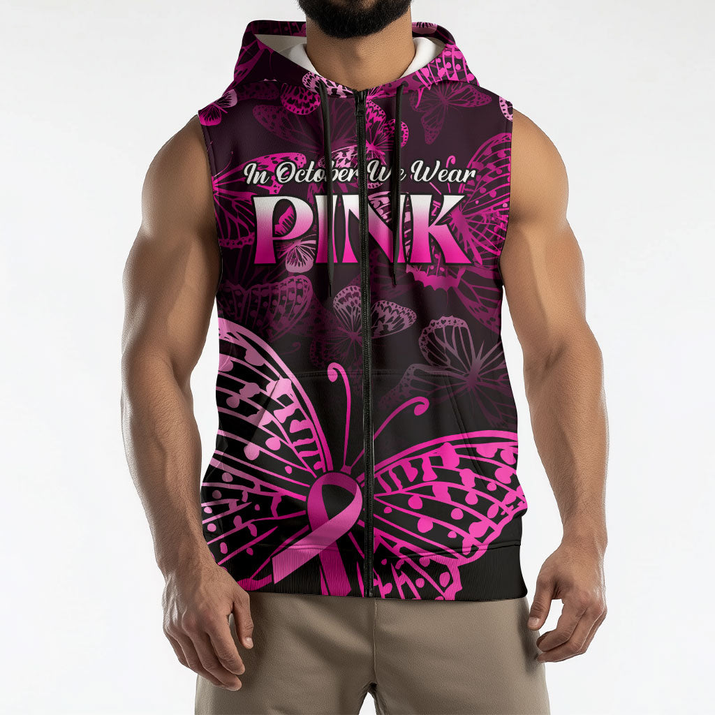 Personalised In October We Wear Pink Sleeveless Zip Hoodie Breast Cancer Support