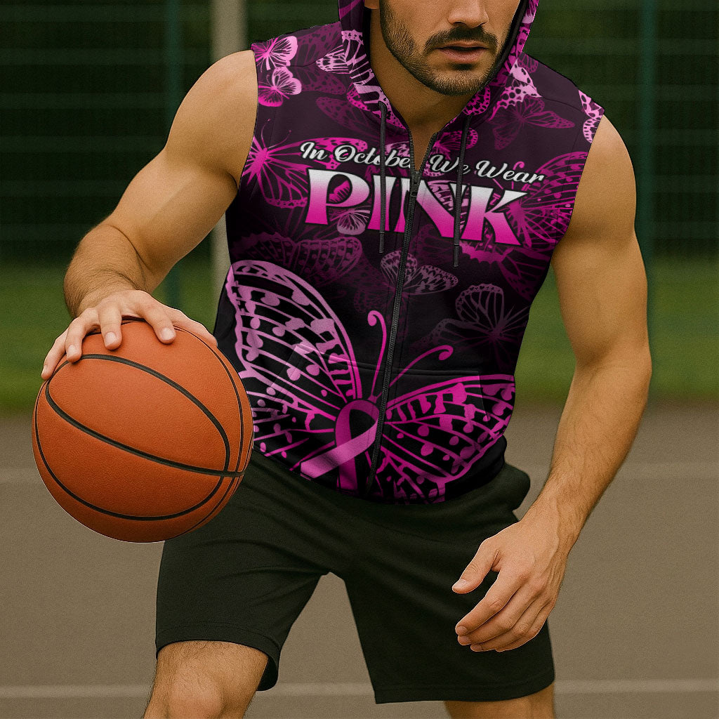 Personalised In October We Wear Pink Sleeveless Zip Hoodie Breast Cancer Support