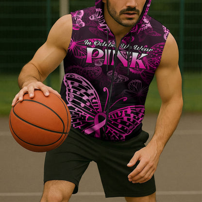 Personalised In October We Wear Pink Sleeveless Zip Hoodie Breast Cancer Support