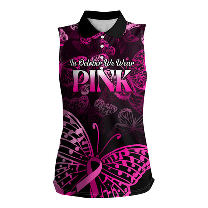 Personalised In October We Wear Pink Women Sleeveless Polo Shirt Breast Cancer Support