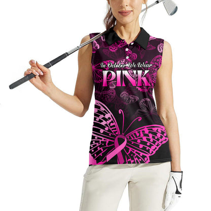 Personalised In October We Wear Pink Women Sleeveless Polo Shirt Breast Cancer Support