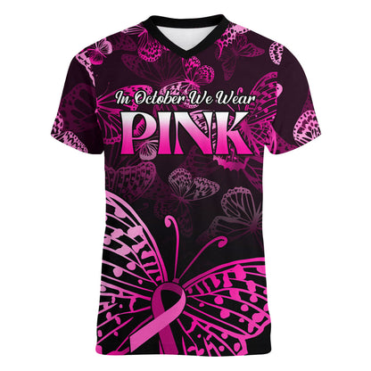 Personalised In October We Wear Pink Women V-Neck T-Shirt Breast Cancer Support