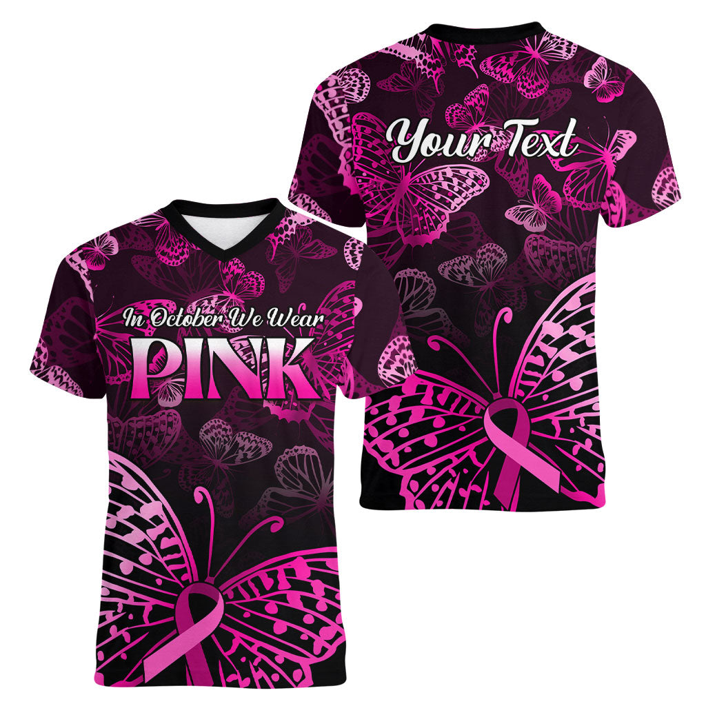 Personalised In October We Wear Pink Women V-Neck T-Shirt Breast Cancer Support