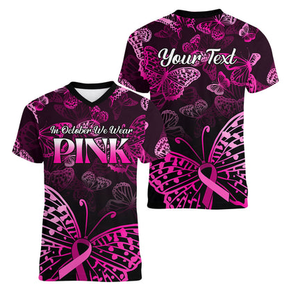 Personalised In October We Wear Pink Women V-Neck T-Shirt Breast Cancer Support