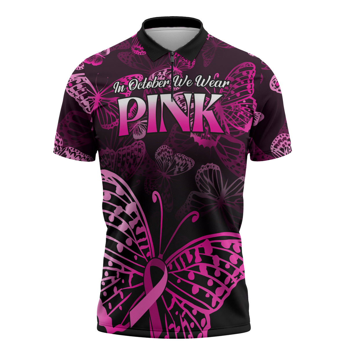 Personalised In October We Wear Pink Zipper Polo Shirt Breast Cancer Support