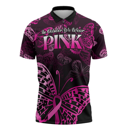 Personalised In October We Wear Pink Zipper Polo Shirt Breast Cancer Support