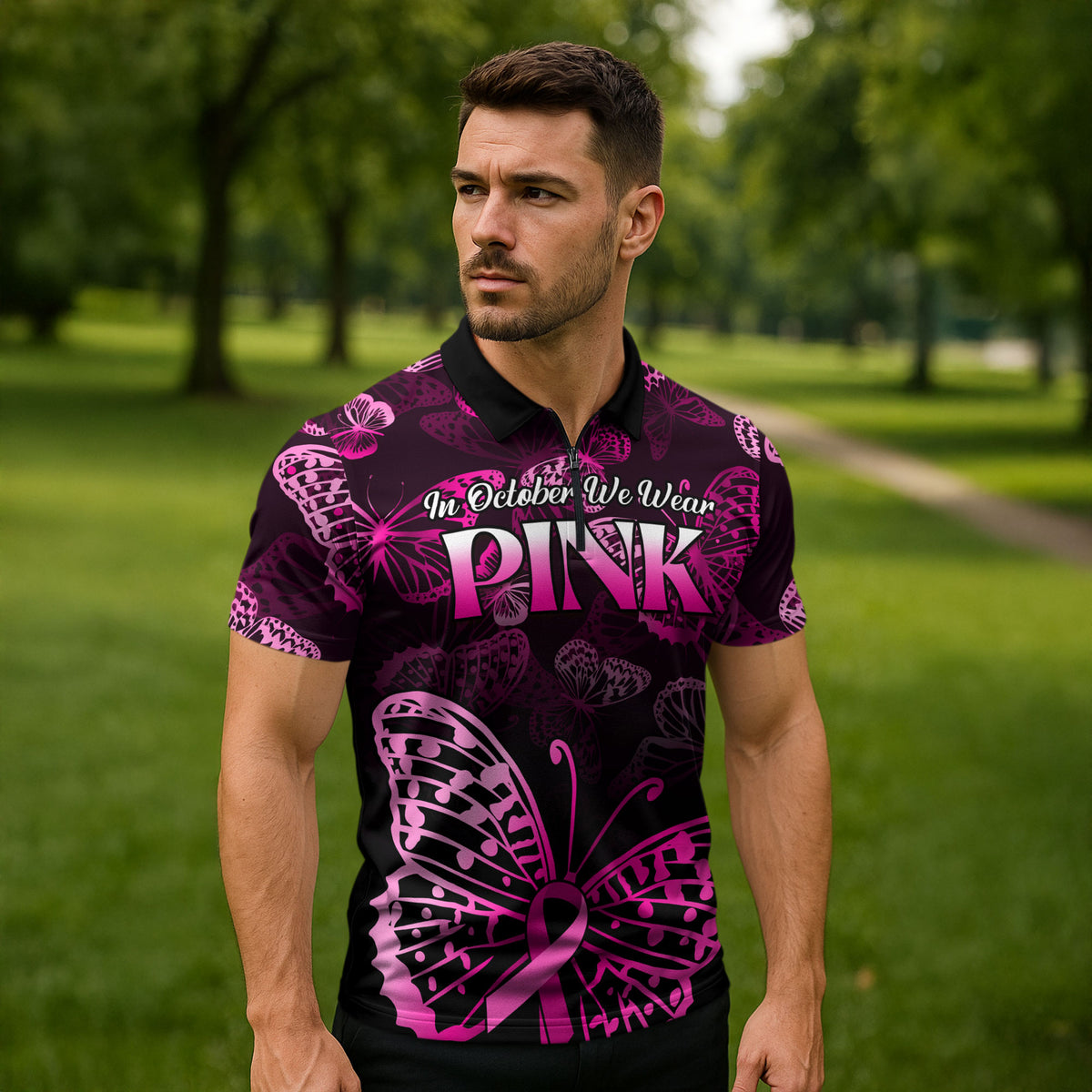Personalised In October We Wear Pink Zipper Polo Shirt Breast Cancer Support