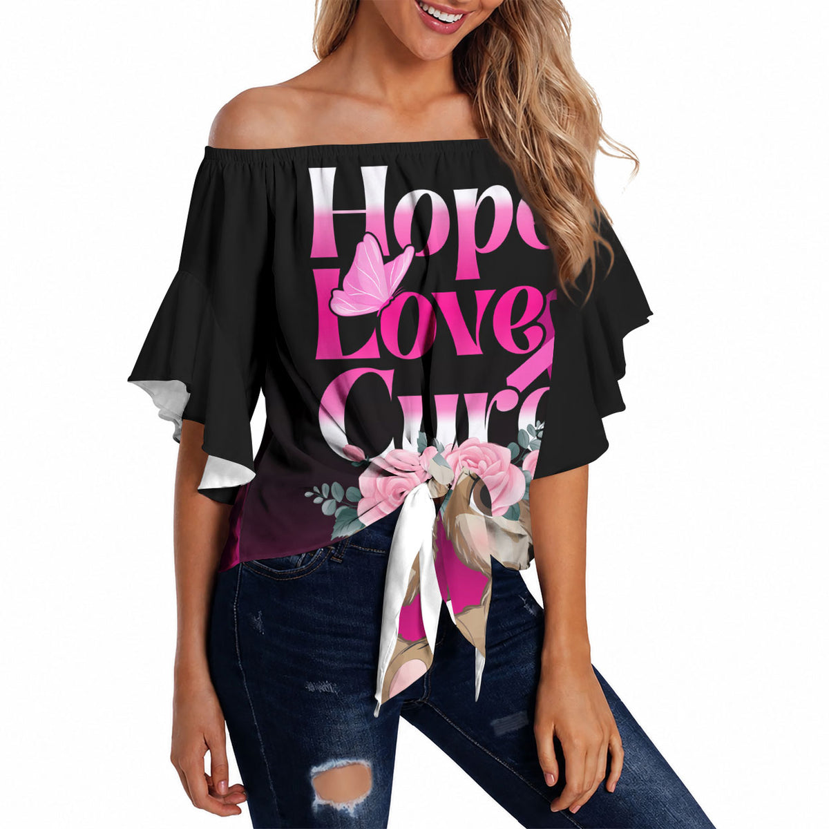 Personalised Hope Love Cure Sloth Off Shoulder Wrap Waist Top