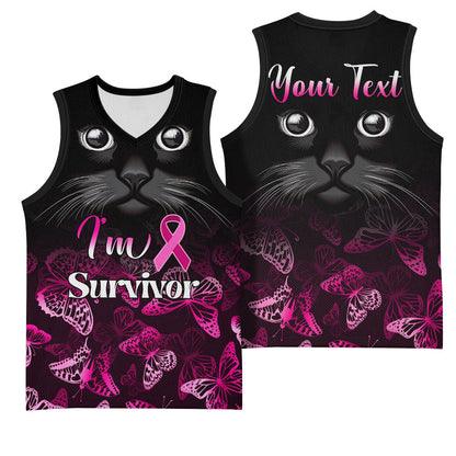 Personalised I Am A Survivor Basketball Jersey Black Cat Breast Cancer Support