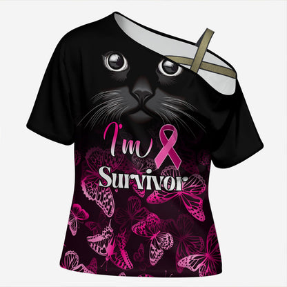 Personalised I Am A Survivor Cross Shoulder Shirt Black Cat Breast Cancer Support