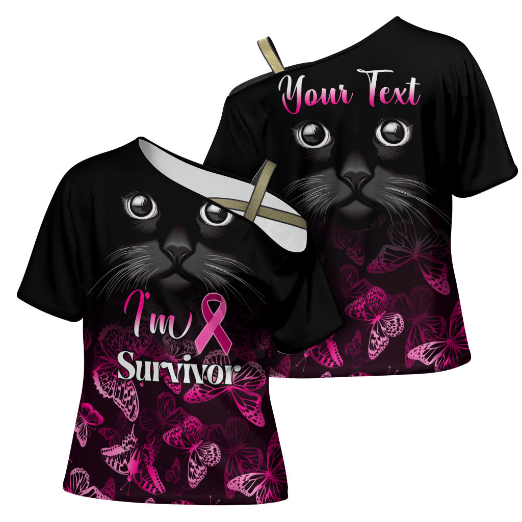 Personalised I Am A Survivor Cross Shoulder Shirt Black Cat Breast Cancer Support