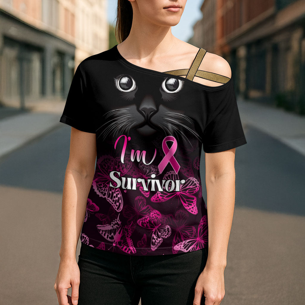 Personalised I Am A Survivor Cross Shoulder Shirt Black Cat Breast Cancer Support