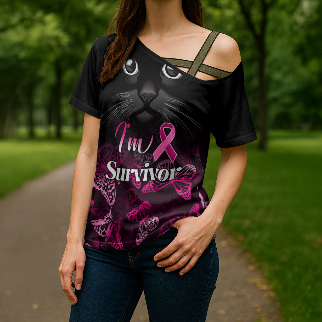 Personalised I Am A Survivor Cross Shoulder Shirt Black Cat Breast Cancer Support