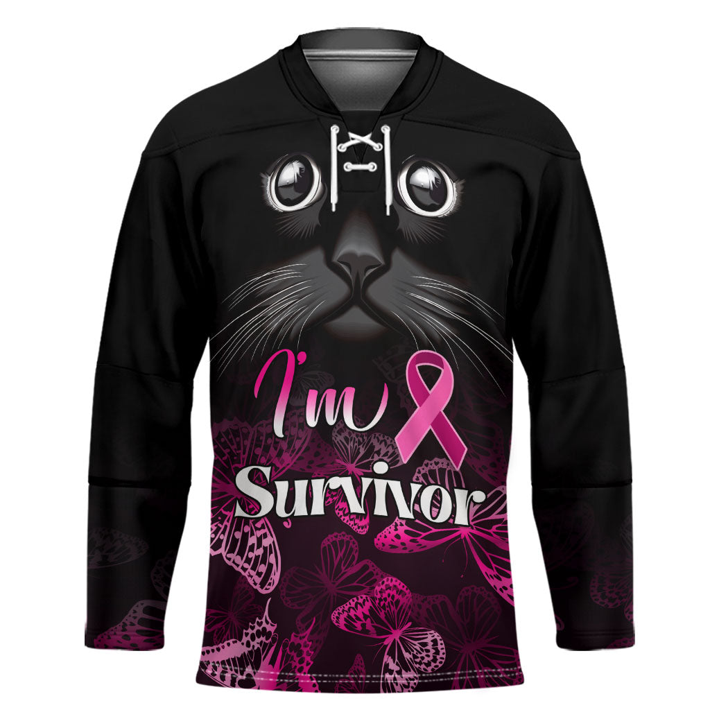 Personalised I Am A Survivor Hockey Jersey Black Cat Breast Cancer Support