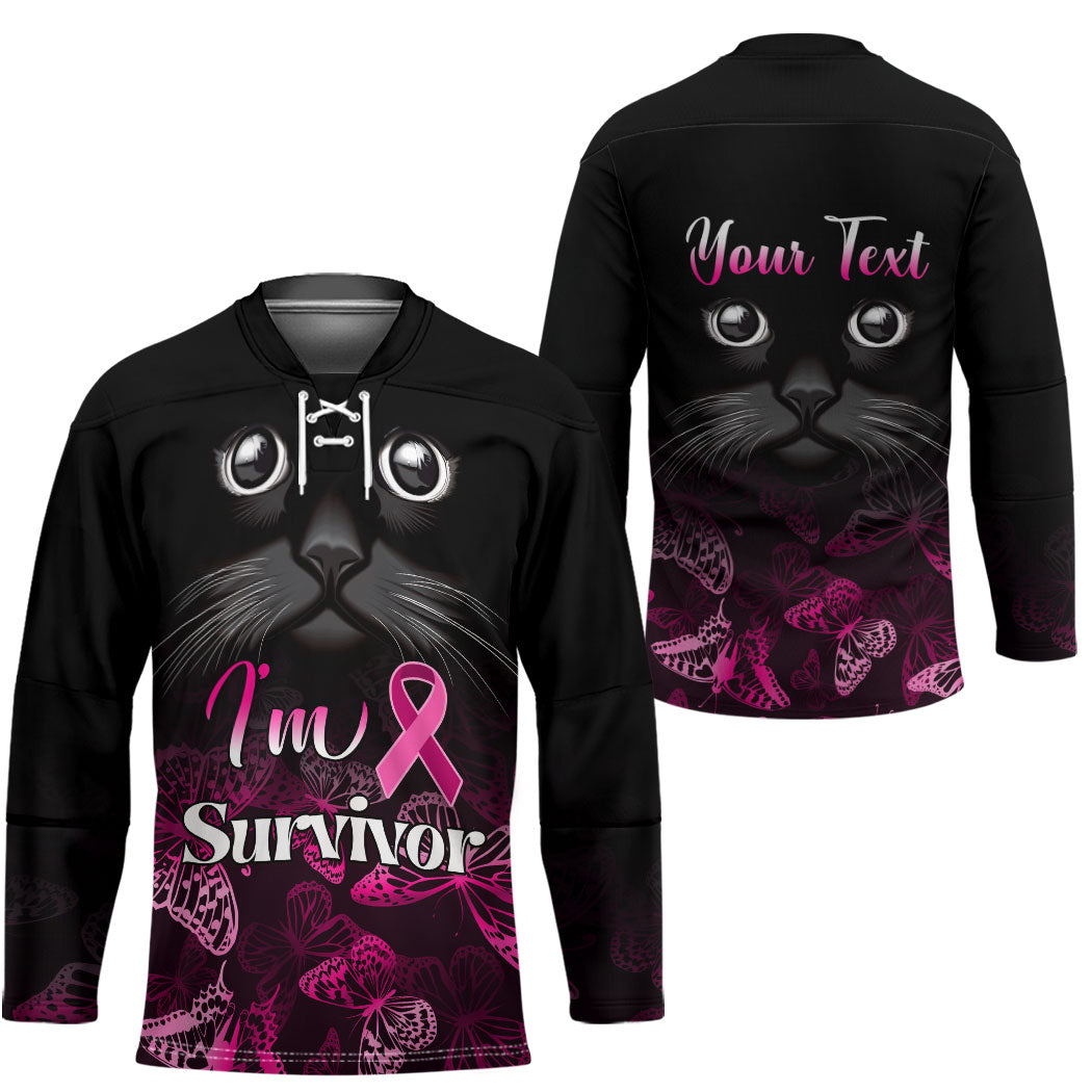 Personalised I Am A Survivor Hockey Jersey Black Cat Breast Cancer Support