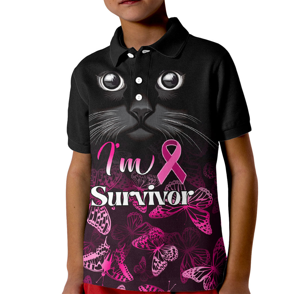 Personalised I Am A Survivor Kid Polo Shirt Black Cat Breast Cancer Support