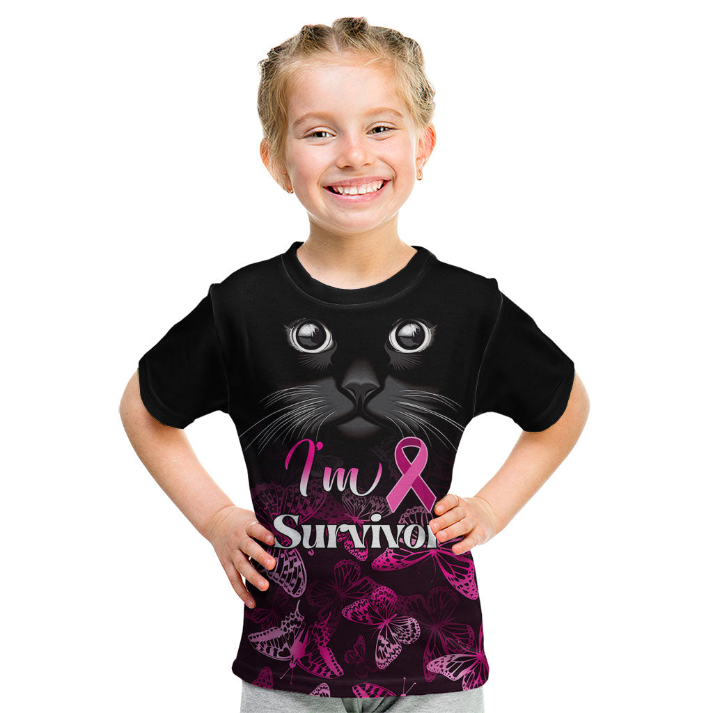 Personalised I Am A Survivor Kid T Shirt Black Cat Breast Cancer Support