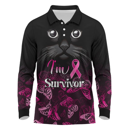 Personalised I Am A Survivor Long Sleeve Polo Shirt Black Cat Breast Cancer Support