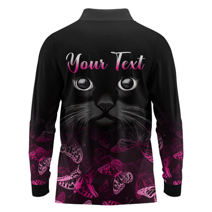 Personalised I Am A Survivor Long Sleeve Polo Shirt Black Cat Breast Cancer Support