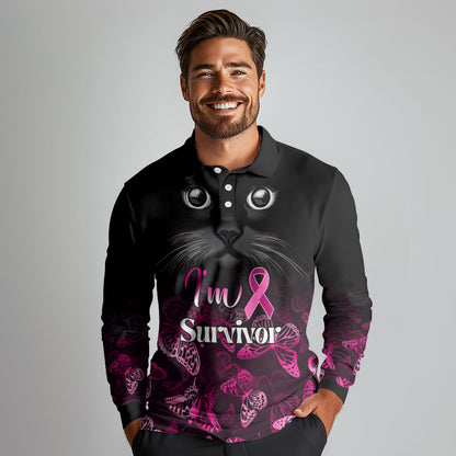 Personalised I Am A Survivor Long Sleeve Polo Shirt Black Cat Breast Cancer Support