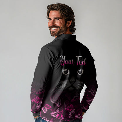 Personalised I Am A Survivor Long Sleeve Polo Shirt Black Cat Breast Cancer Support