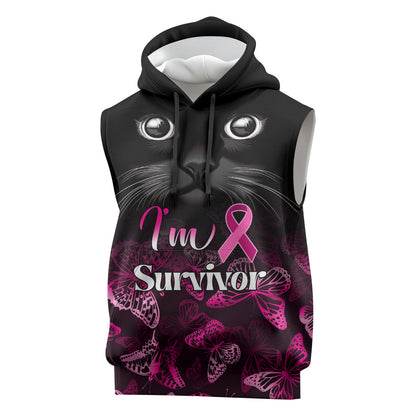 Personalised I Am A Survivor Sleeveless Hoodie Black Cat Breast Cancer Support