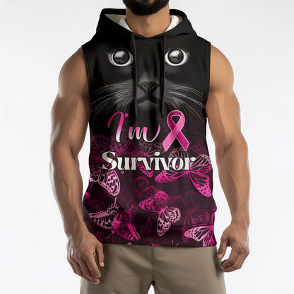 Personalised I Am A Survivor Sleeveless Hoodie Black Cat Breast Cancer Support