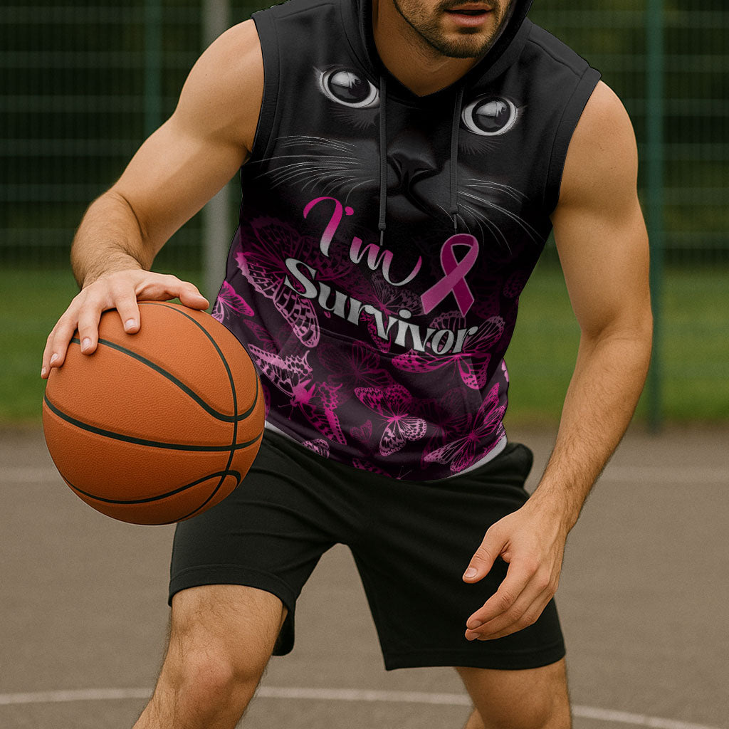 Personalised I Am A Survivor Sleeveless Hoodie Black Cat Breast Cancer Support