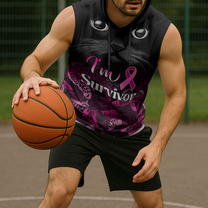 Personalised I Am A Survivor Sleeveless Hoodie Black Cat Breast Cancer Support