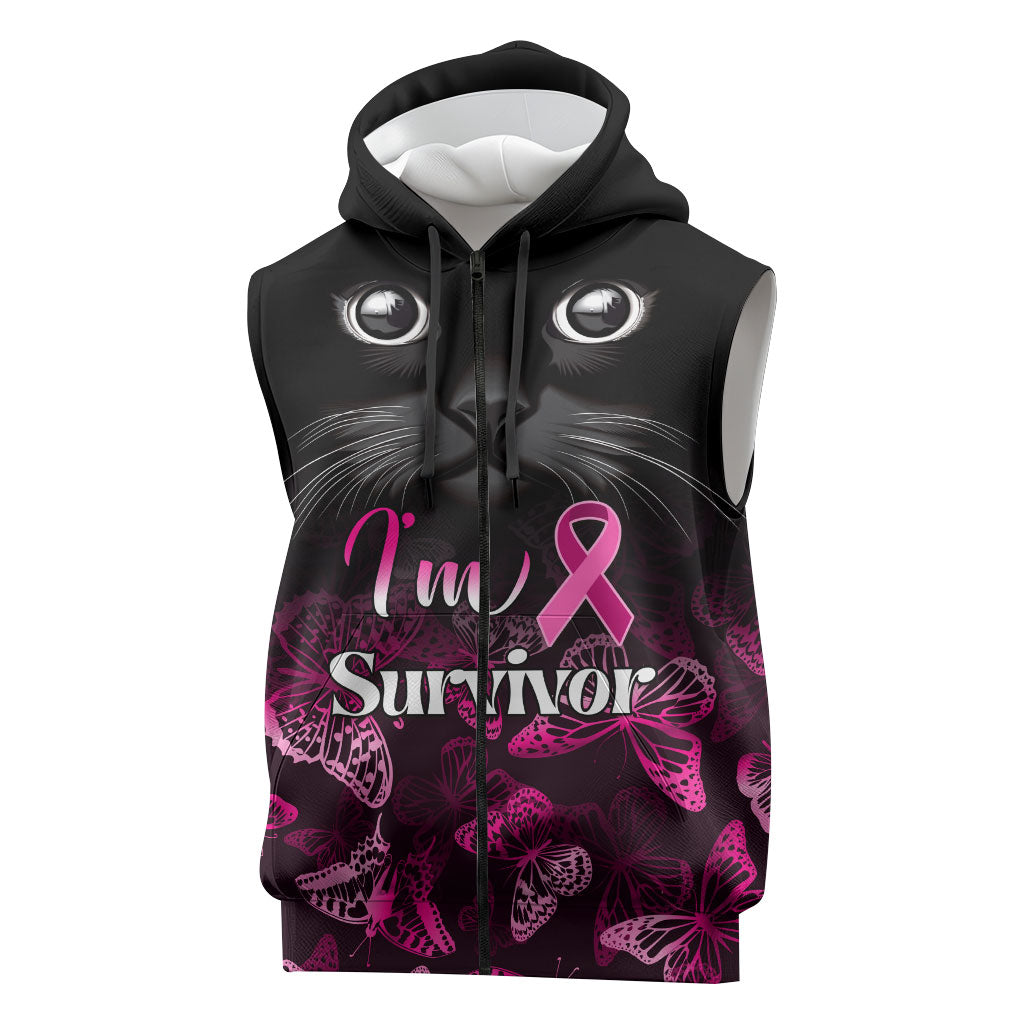 Personalised I Am A Survivor Sleeveless Zip Hoodie Black Cat Breast Cancer Support
