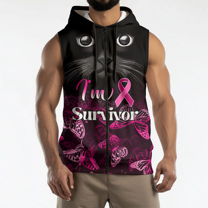 Personalised I Am A Survivor Sleeveless Zip Hoodie Black Cat Breast Cancer Support