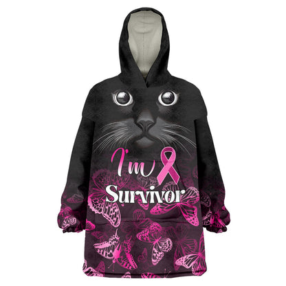 Personalised I Am A Survivor Wearable Blanket Hoodie Black Cat Breast Cancer Support