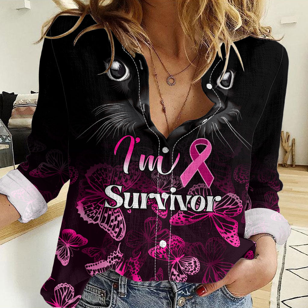 Personalised I Am A Survivor Women Casual Shirt Black Cat Breast Cancer Support